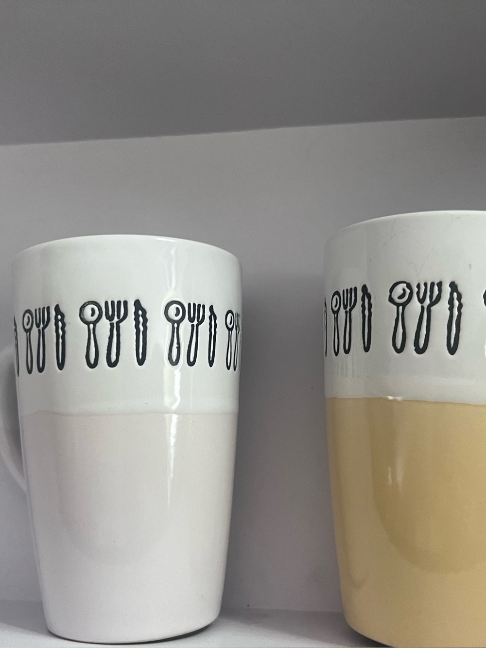 Two-Tone Ceramic Mug w/ Cutlery Border White/Gray  White/Yellow Looks Handmade